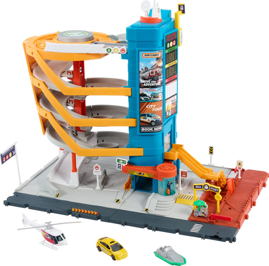 Matchbox 5-Level Transportation Center Playset with Car-Activated Features, Includes 1:64 Taxi, Boat, Helicopter & Food Vendor, Kids Toy Vehicles