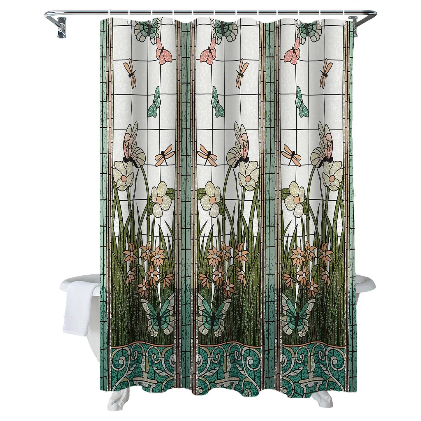 Crystal Emotion Flower Dragonfly Waterproof Bathroom Fabric Shower Curtain Bath Curtain 36x78inch Small Stall Size