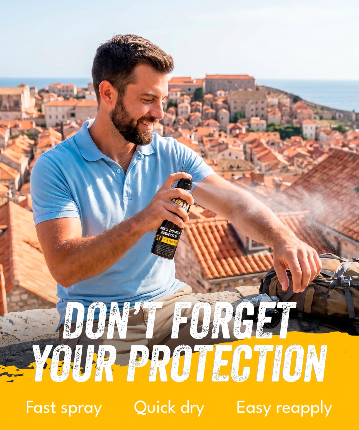 SLAM Men’s Sunscreen SPF 50 Spray - Broad Spectrum UVA/UVB Protection - Non-Greasy & No Harsh Chemicals - MysteryMan Sandalwood Tonka Bean Sage
