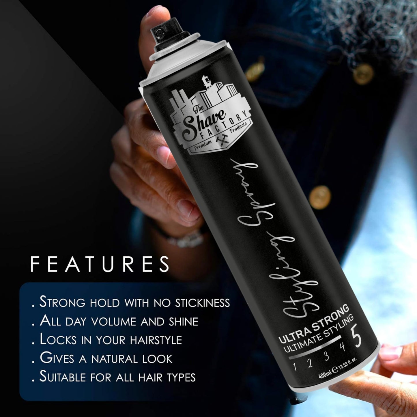 the shave factory Ultra Strong Styling Spray: Long-lasting Hold, Perfect Control and Impeccable Style 400ml 13.52 fl oz. (Regular)