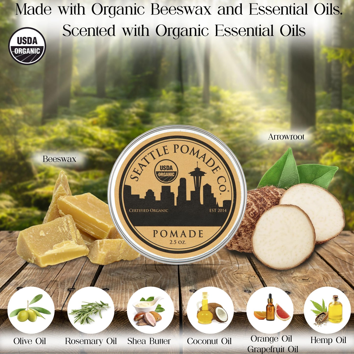 Seattle Pomade Co. USDA Certified Organic Pomade. Medium Hold & High Shine, Hair Styling Formula Non GMO, Made with organic materials from around the
