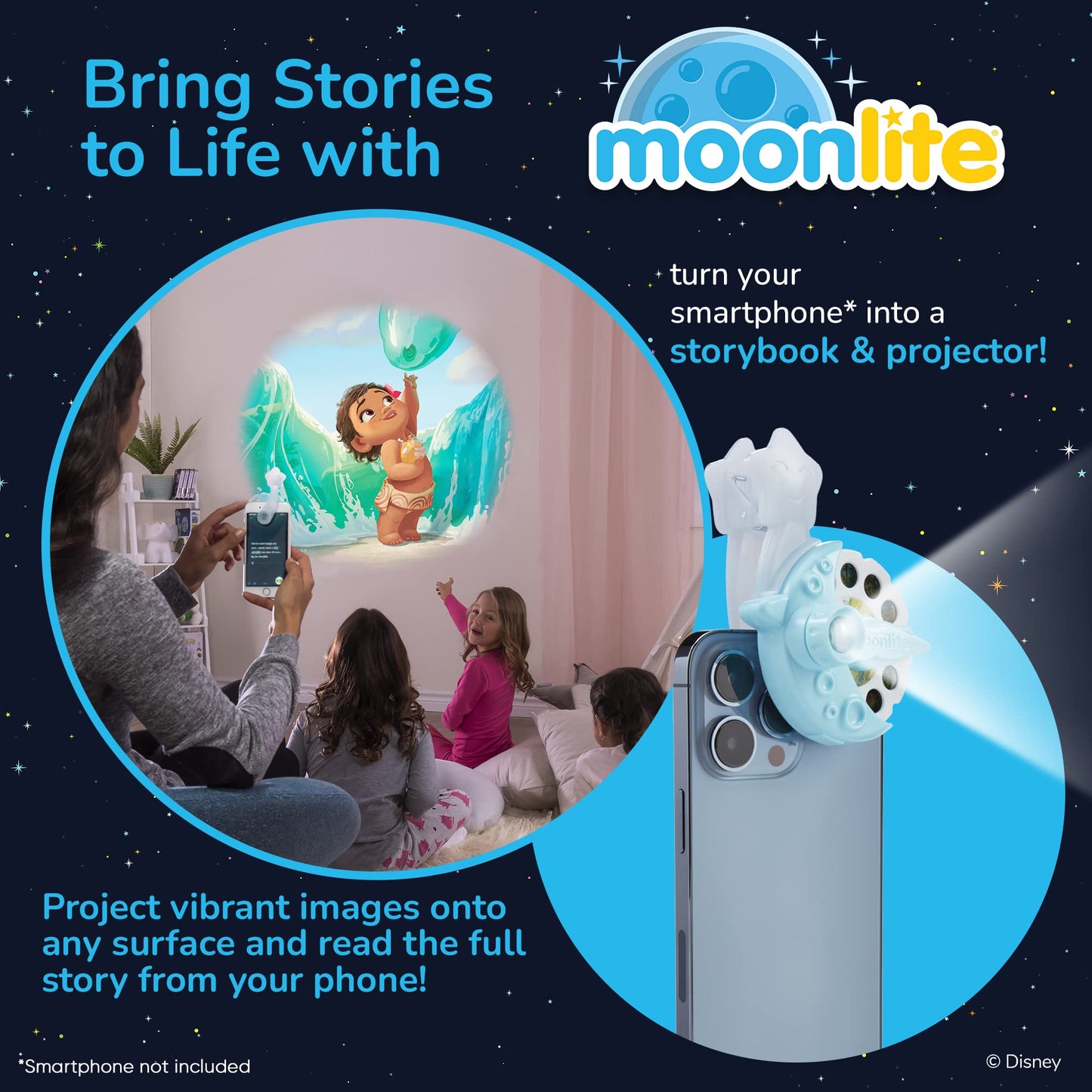 Moonlite Mini Projector with 4 Disney Princess Stories | Storytime Projector & Digital Stories | Reading Toy & Gift for Kids Ages 1+