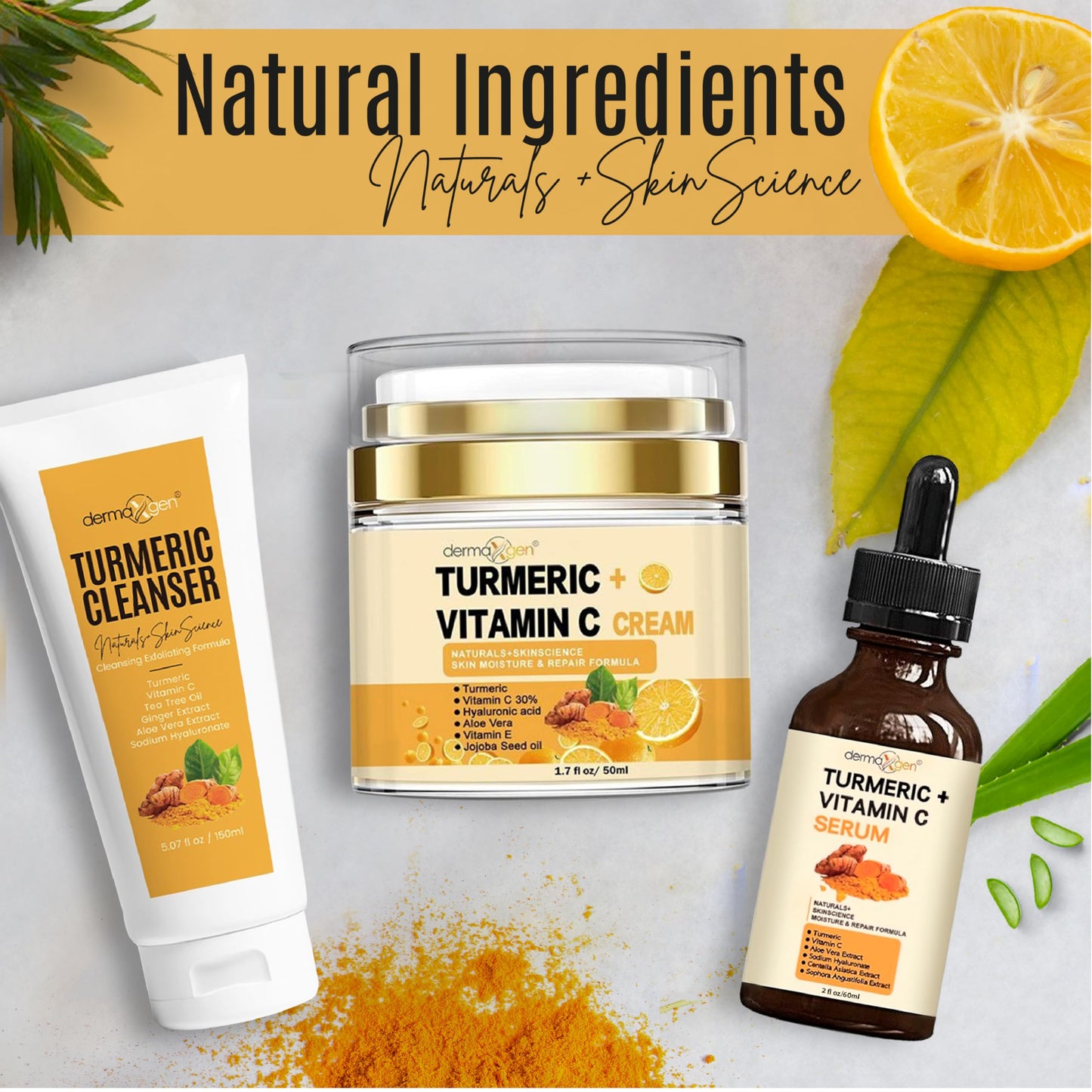 Dermaxgen Turmeric Complete Facial Care Kit - Organic Glowing Skin Anti-Aging, Rejuvenating, Boosting Collagen & Hydrating - Day & Night Brightening