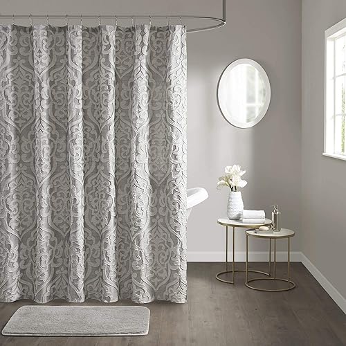 Madison Park Odette Fabric Shower Curtain Luxe Textured Jacquard, Damask Medallion Machine Washable Modern Home Bathroom Decor, Bathtub Privacy…