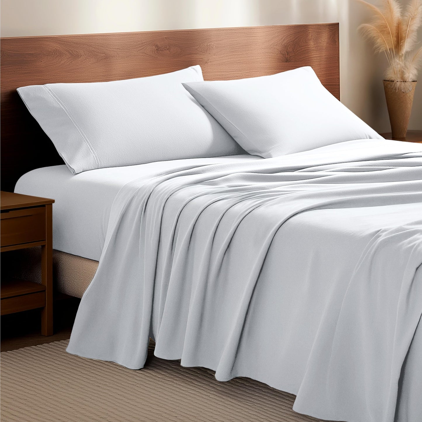 Bare Home Flannel Sheet Set 100% Cotton, Velvety Soft Heavyweight - Double Brushed Flannel - Deep Pocket (Queen, White)