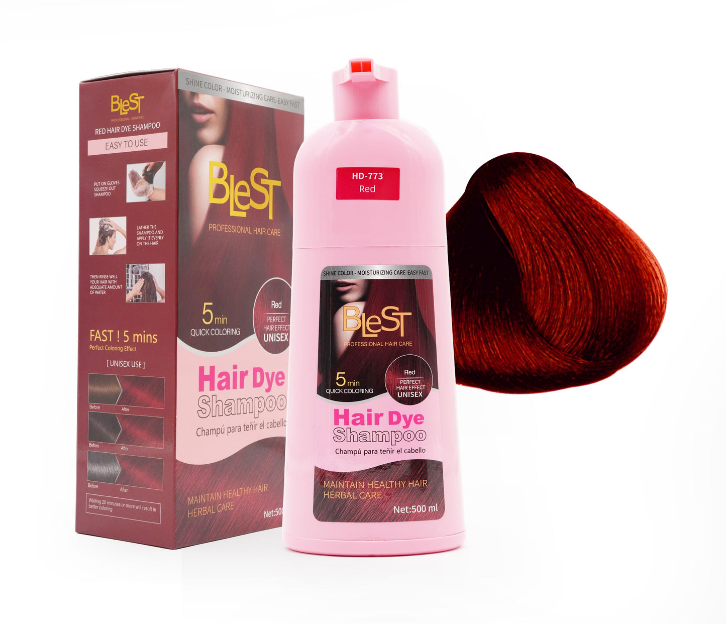 BLEST PROFESSIONAL HAIR CARE Hair Dye 2-in-1 Shampoo Color for Quick Gray Coverage - Semi Permanent Hair Color for Men and Women - 500ml (Red)
