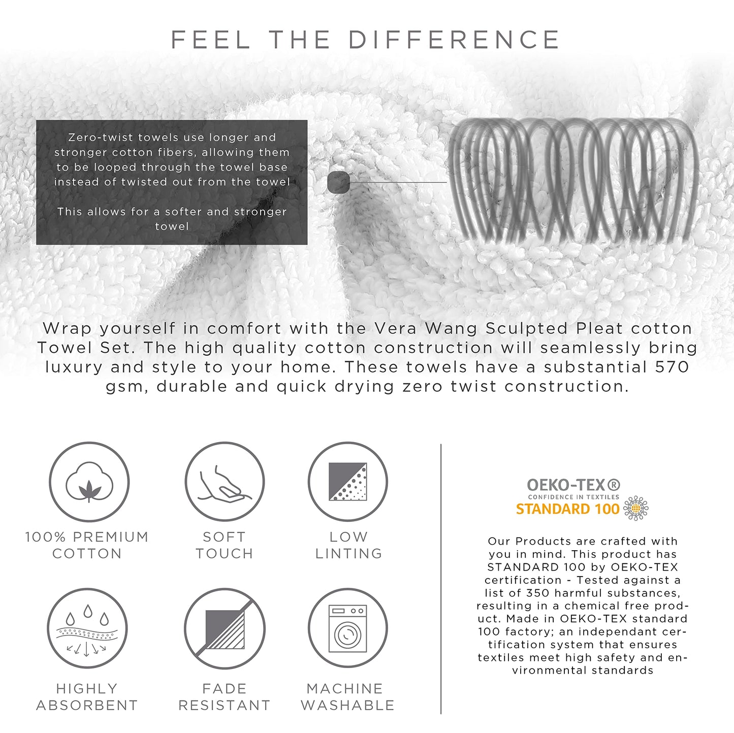 Vera Wang - Bath Towels, Super Soft 100% Cotton Towel Set, Highly Absorbent with a Medium-Weight Plush Feel, Low Linting & Fade Resistant Bathroom…