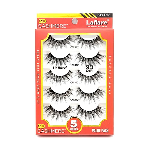 Laflare 3D Cashmere False Eyelashes Multipack, Ultra Soft, Glam, Luxurious, Cruelty-Free, Reusable, Fake Eyelashes 5 Pairs Value Pack (312X5P)