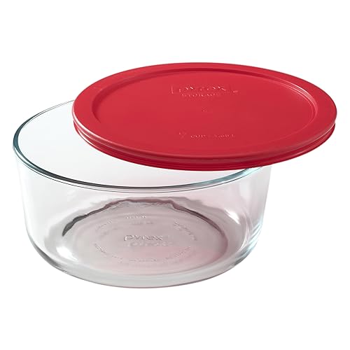 Pyrex 7203 7-Cup Glass Bowl and 7402-PC Red Lid - Made in USA