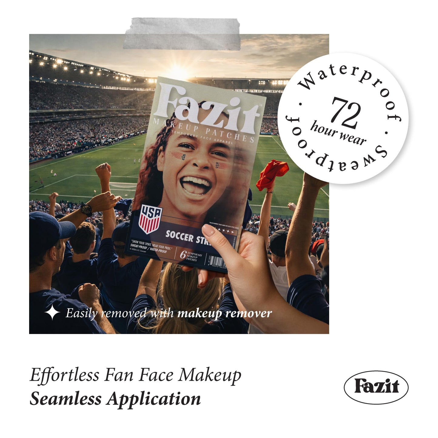 Fazit US Soccer Stripes - Red, Blue & Silver Glitter Makeup Patches - Waterproof & Sweat-proof Face Stickers - Long-Lasting Game Day Glam, USA Spirit