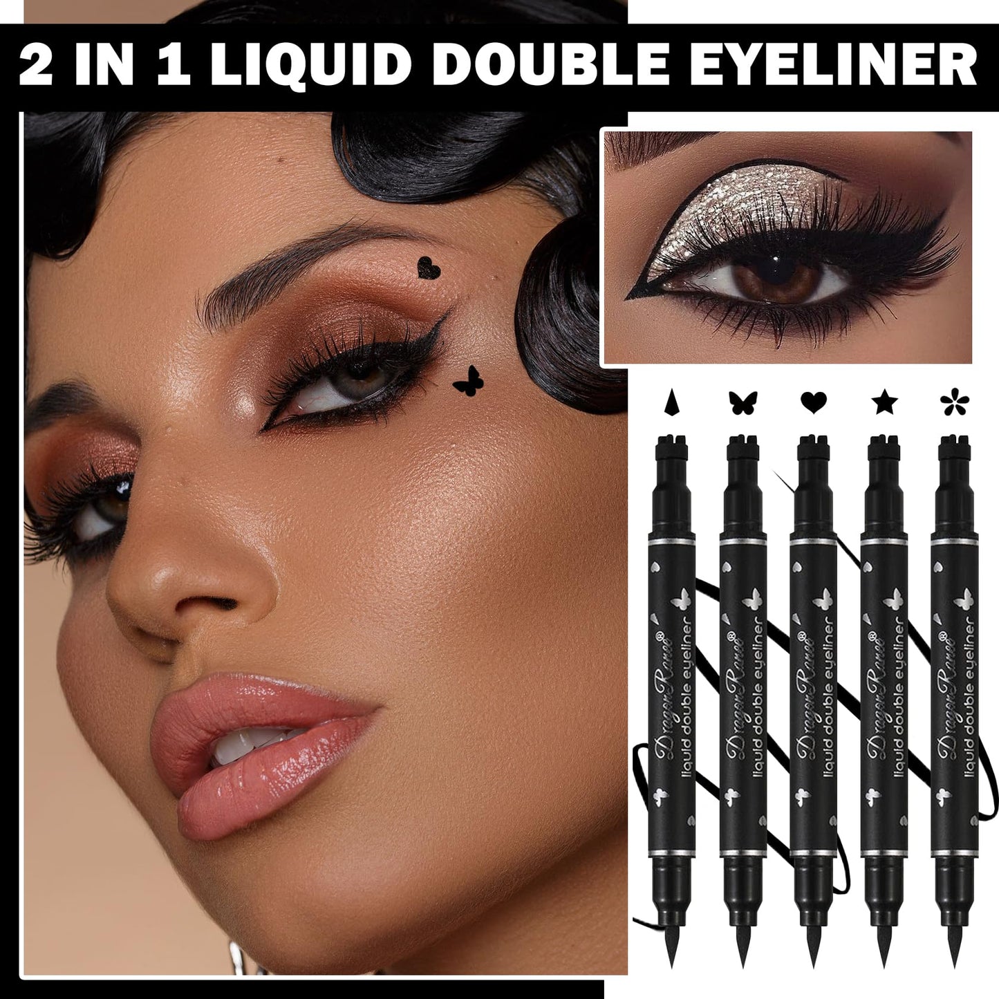 5 PCS Black Liquid Winged Eyeliner Stamp Pen Makeup Tools,Double-side Eyeliner Stamps Pencil Set,Waterproof & Long Lasting Smudgeproof Eye Liner