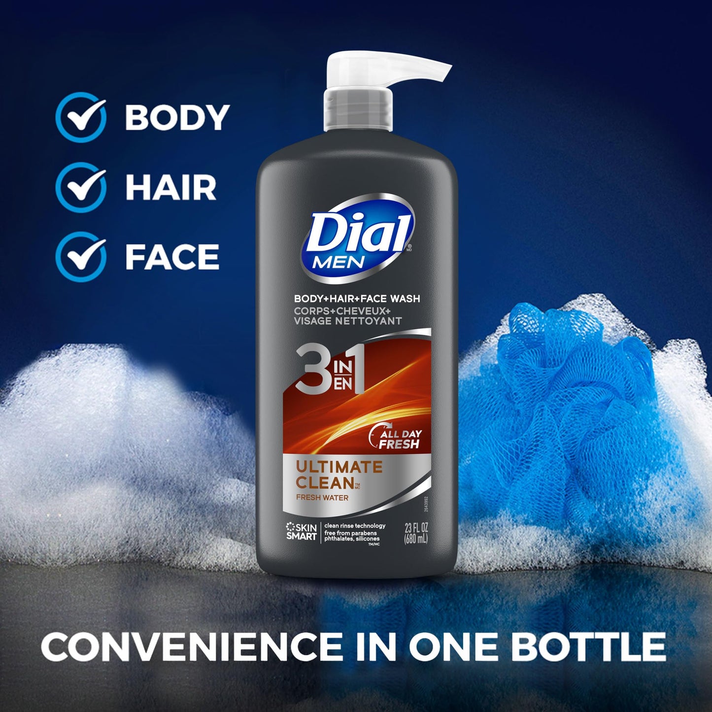 Dial Men 3 in 1 Body, Hair and Face Wash, Refresh, 16 Fl Oz, Pack of 6, Cleanses Deep + Gentle on Skin with Clean Rinse Technology