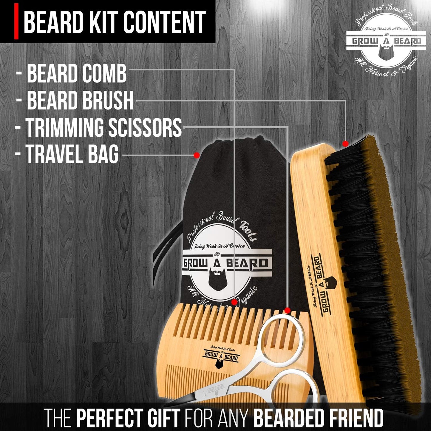Beard Brush For Men & Beard Comb Set w/Mustache Scissors Grooming Kit, Natural Boar Bristle Brush, Dual Action Wood Comb, And Travel Bag Great