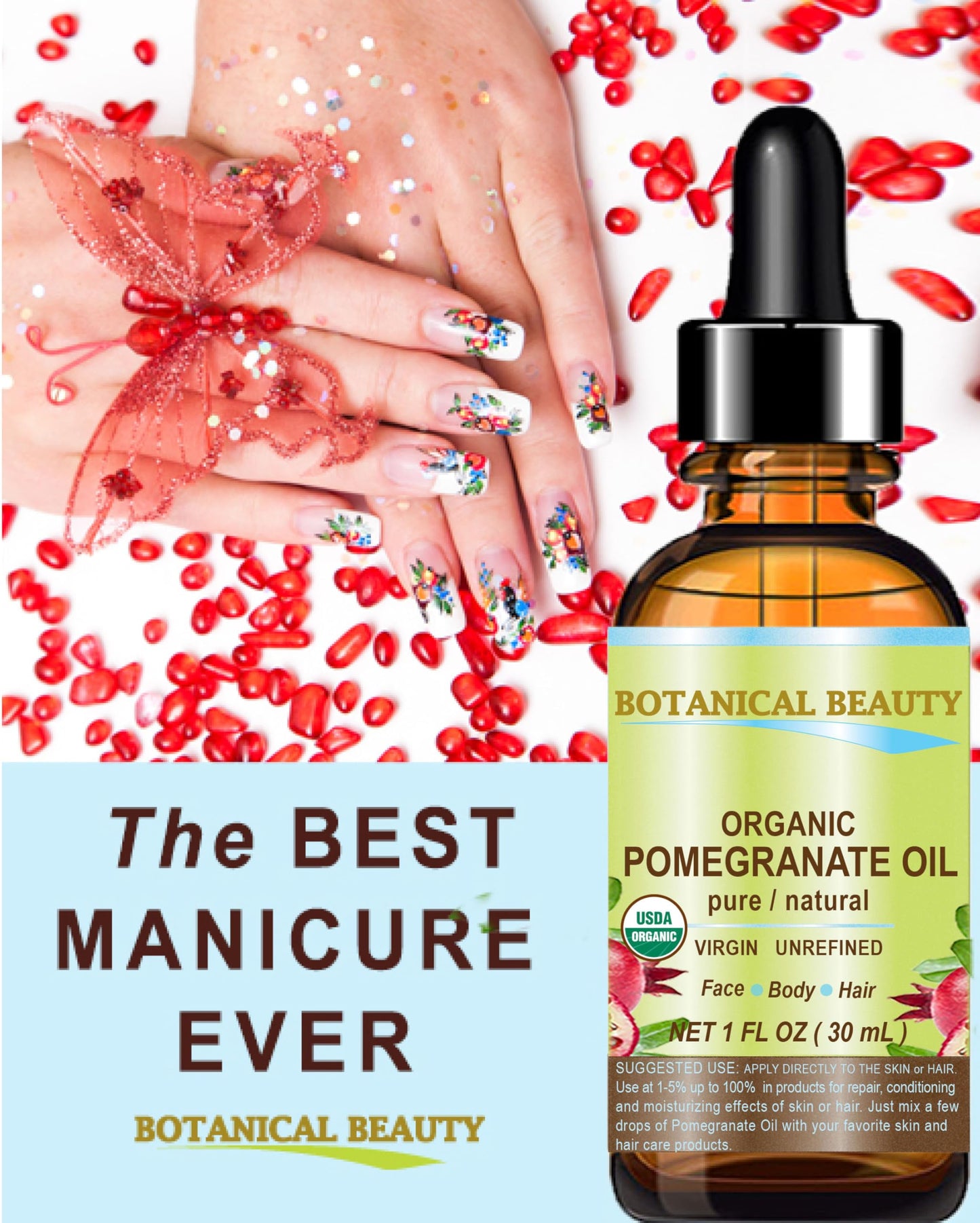 Botanical Beauty Organic POMEGRANATE OIL 100% Pure Natural Virgin Unrefined Cold-Pressed Carrier Oil 0.5 Fl oz 15 ml for Face, Skin, Body, Hair, Lip