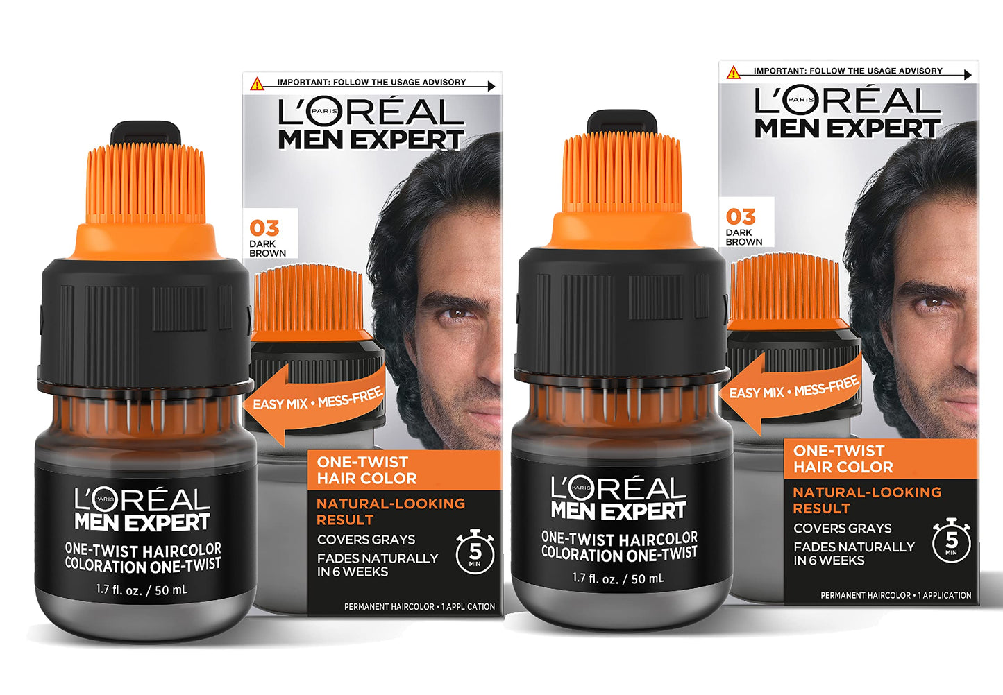 L'Oréal Paris Men Expert One Twist Permanent Hair Color, Ammonia-Free, Covers Gray, Easy Mess-Free Application, Dark Brown 03, 2 Kit