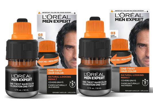 L'Oréal Paris Men Expert One Twist Permanent Hair Color, Ammonia-Free, Covers Gray, Easy Mess-Free Application, Dark Brown 03, 2 Kit