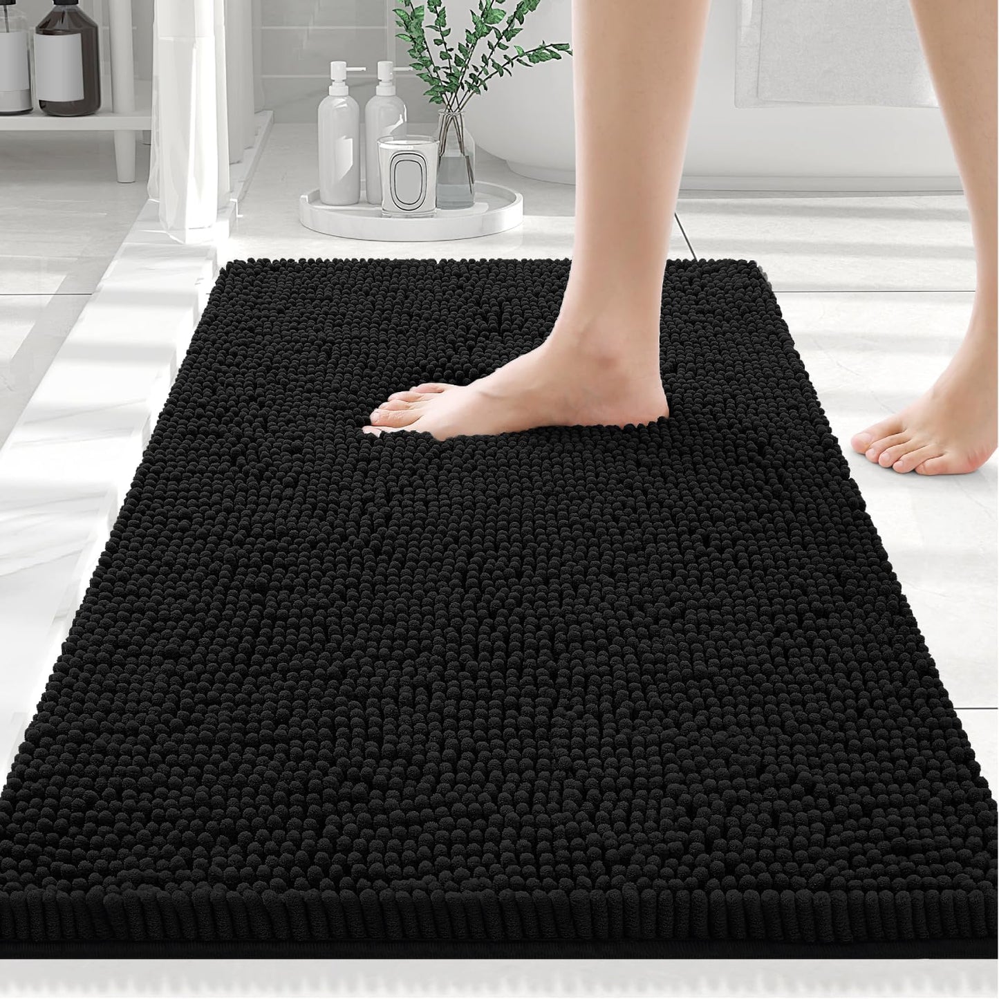 Smiry Luxury Chenille Bath Rug 30x20 – Extra Soft, Absorbent, Non-Slip Shaggy Mat for Shower, Tub & Floor – Black, Washable