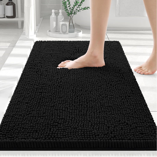 Smiry Luxury Chenille Bath Rug 30x20 – Extra Soft, Absorbent, Non-Slip Shaggy Mat for Shower, Tub & Floor – Black, Washable