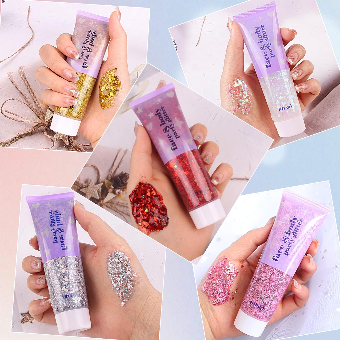 ANGXILIN High Capacity 60+60ML Chunky and Fine Mixed Face Body Glitter with Gel for Singer Concerts Rave Party Makeup,Quick Dry and Long Lasting