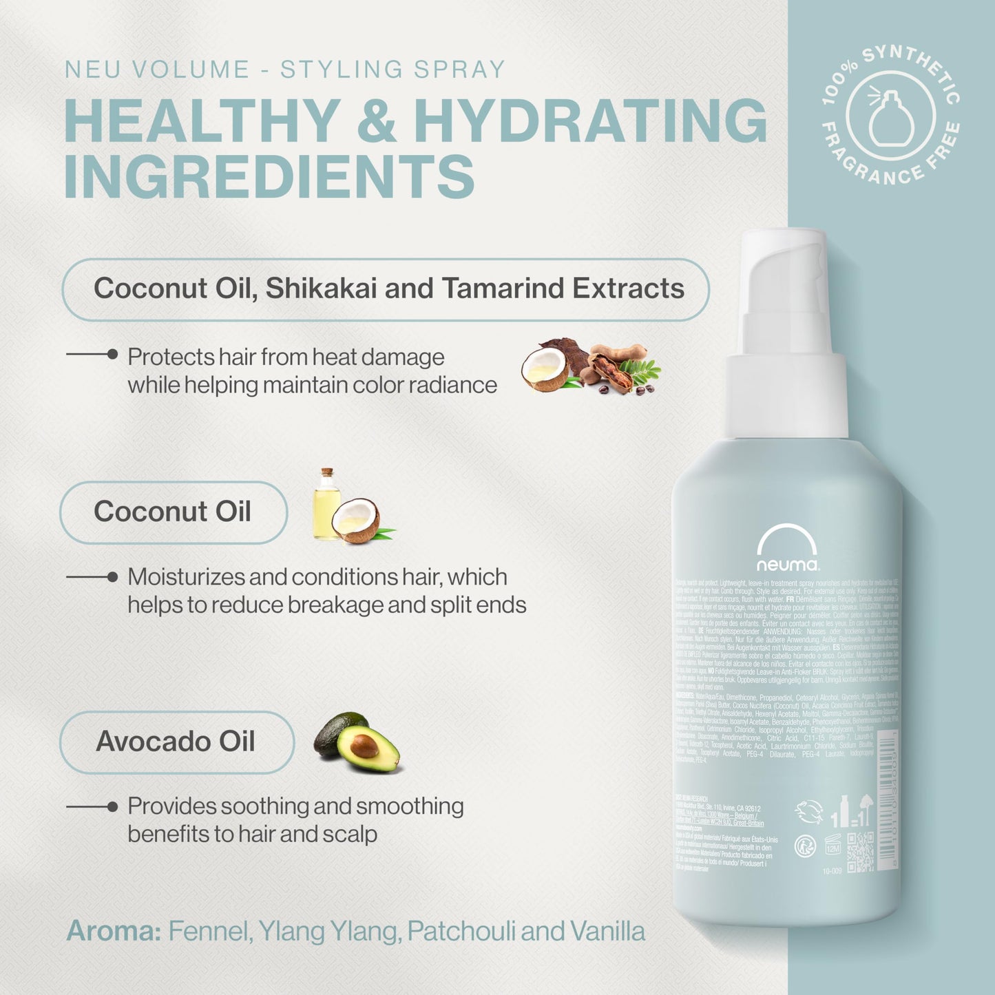 Neuma Neu Volume Styling Hair Spray 6.7 Fl. Oz. Heat Protectant Volumizing Spray with Fennel, Ylang Ylang, Patchouli, and Vanilla Scent, Hair