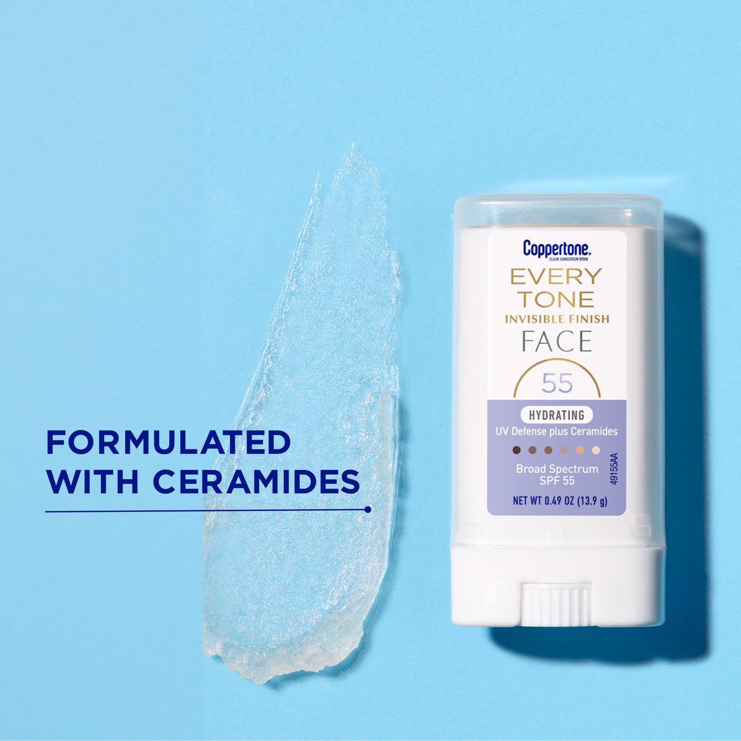 Coppertone Every Tone Invisible Finish Hydrating UV Defense Face Sunscreen Stick SPF 55 with Moisturizing Ceramides, Blends in Clear Sunscreen for All