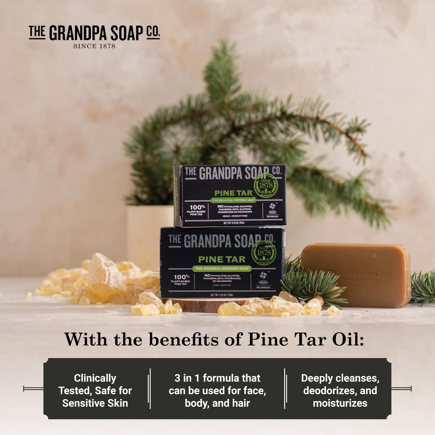 The Grandpa Soap Company Pine Tar Bar Soap for Men- Made With Pine Tar Oil, 3 in 1 Cleanser Deodorizer and Moisturizer, Dermatologist Tested, Safe