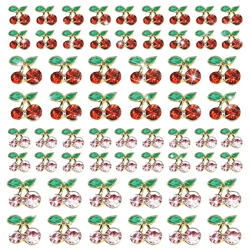qiipii 60 Pcs 3D Cherry Nail Charms Cherry Nail Rhinestones Nail Art Shiny Gems Nail Studs Cute Fruit Nail Diamond Crystal Luxury Jewelry for Nails