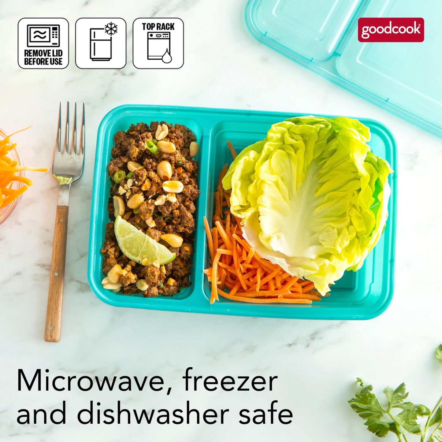 GoodCook Meal Prep Rectangle Two Compartment 20-Piece, Teal, Made without BPA