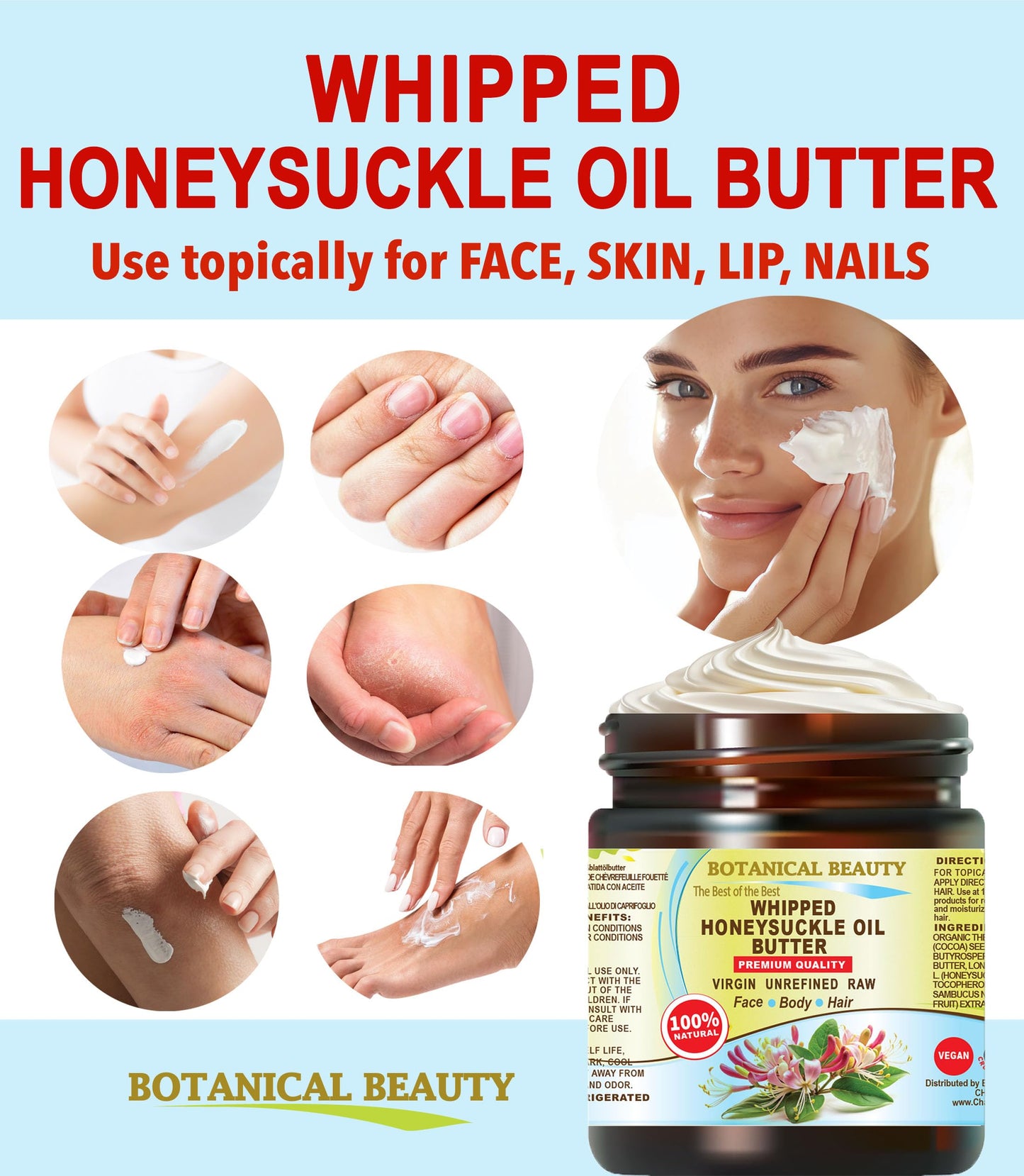 Botanical Beauty Whipped HONEYSUCKLE OIL BUTTER 100% Natural Pure RAW. Cocoa Butter, Shea Nut Butter, Honeysuckle Essential Oil Virgin Unrefined Cold