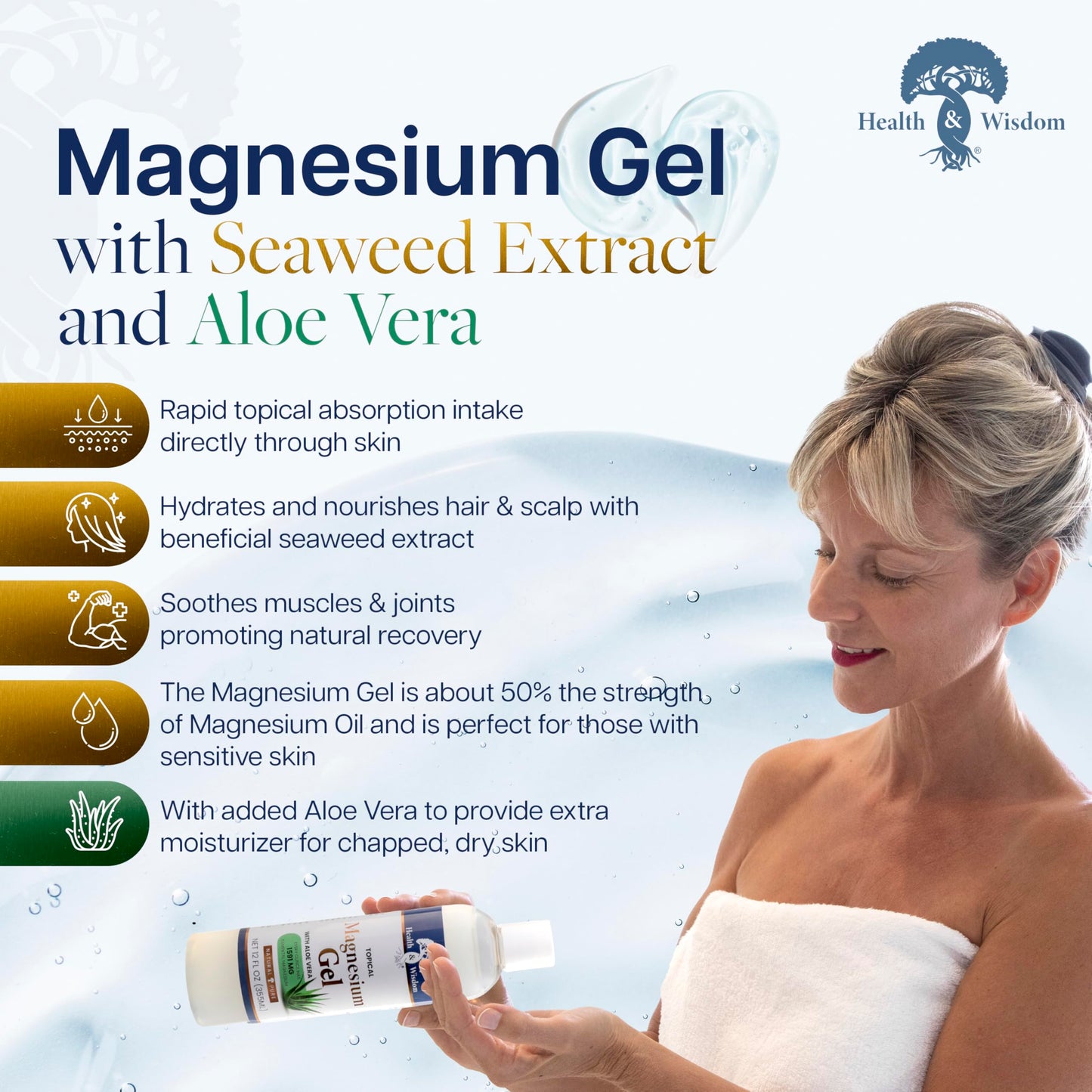 Health & Wisdom Pure Magnesium Gel with Seaweed Extract and Aloe Vera - USP Grade Topical Muscle & Joint Relief- Natural and Pure Skin & Scalp