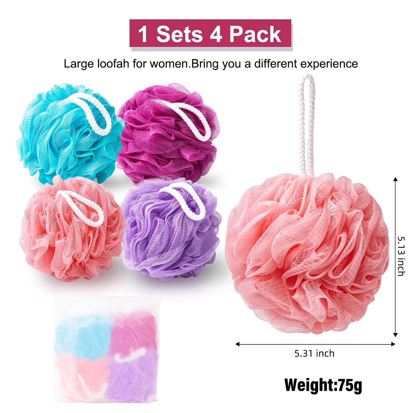 MTDLYICE Loofah for Women 75g 4 Pack, Bath Sponge Soft Mesh Shower Puff Loofah Sponge, Exfoliating Body Scrubber, lufas for Women, Shower Accessories