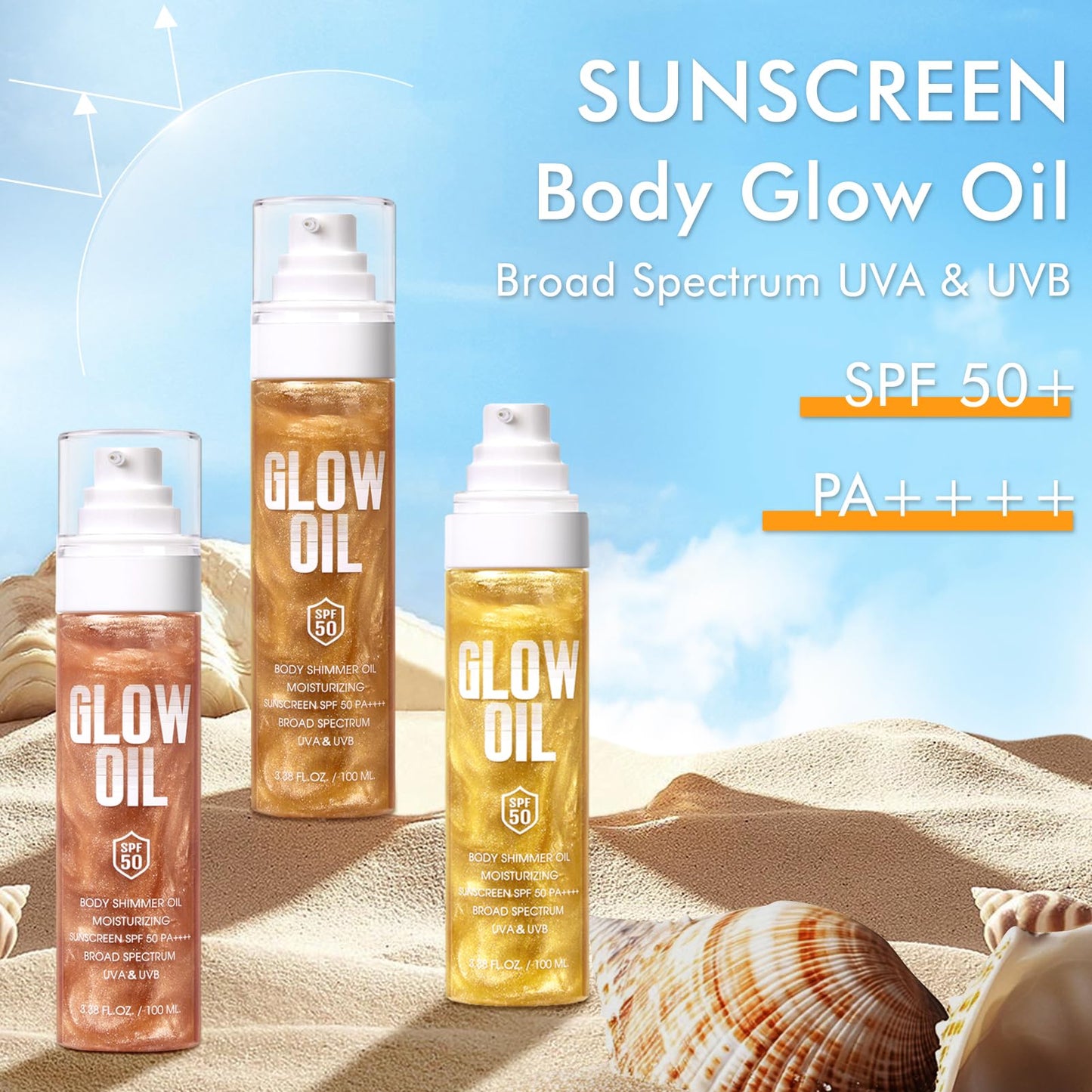 Body Glow Oil, Broad Spectrum SPF 50, Glitter Shimmer Sunscreen Body Oil Lotion with Sequin Mica, Lightweight Non-Sticky Moisturizer with Coconut Beauty and Personal Care BEFIVECOK