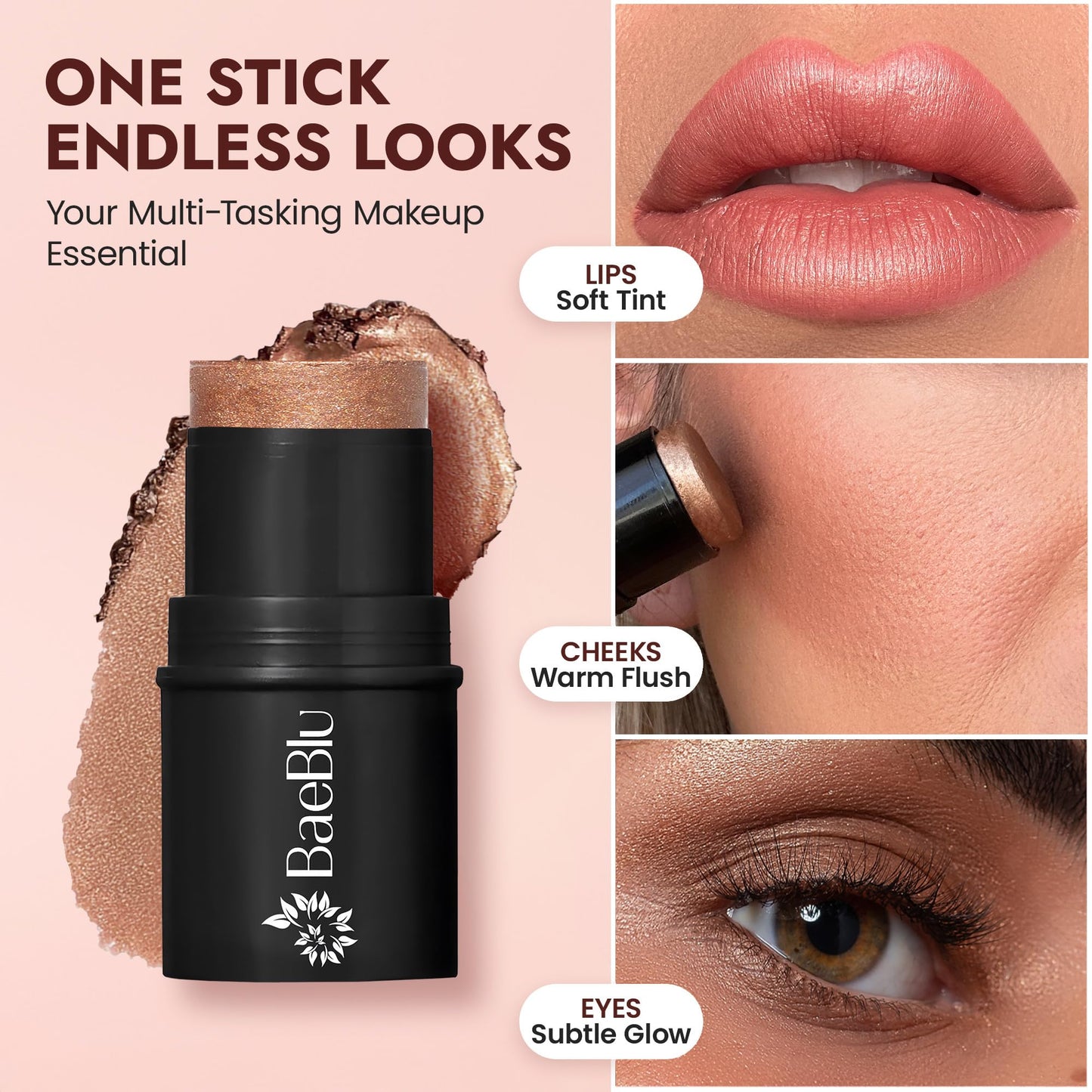 BaeBlu - Organic Cream Bronzer Stick - 100% Natural Vegan Cream Bronzer for Face, Multi-Use for Lips, Cheeks & Eyes, Buildable Shimmer, Gluten-Free