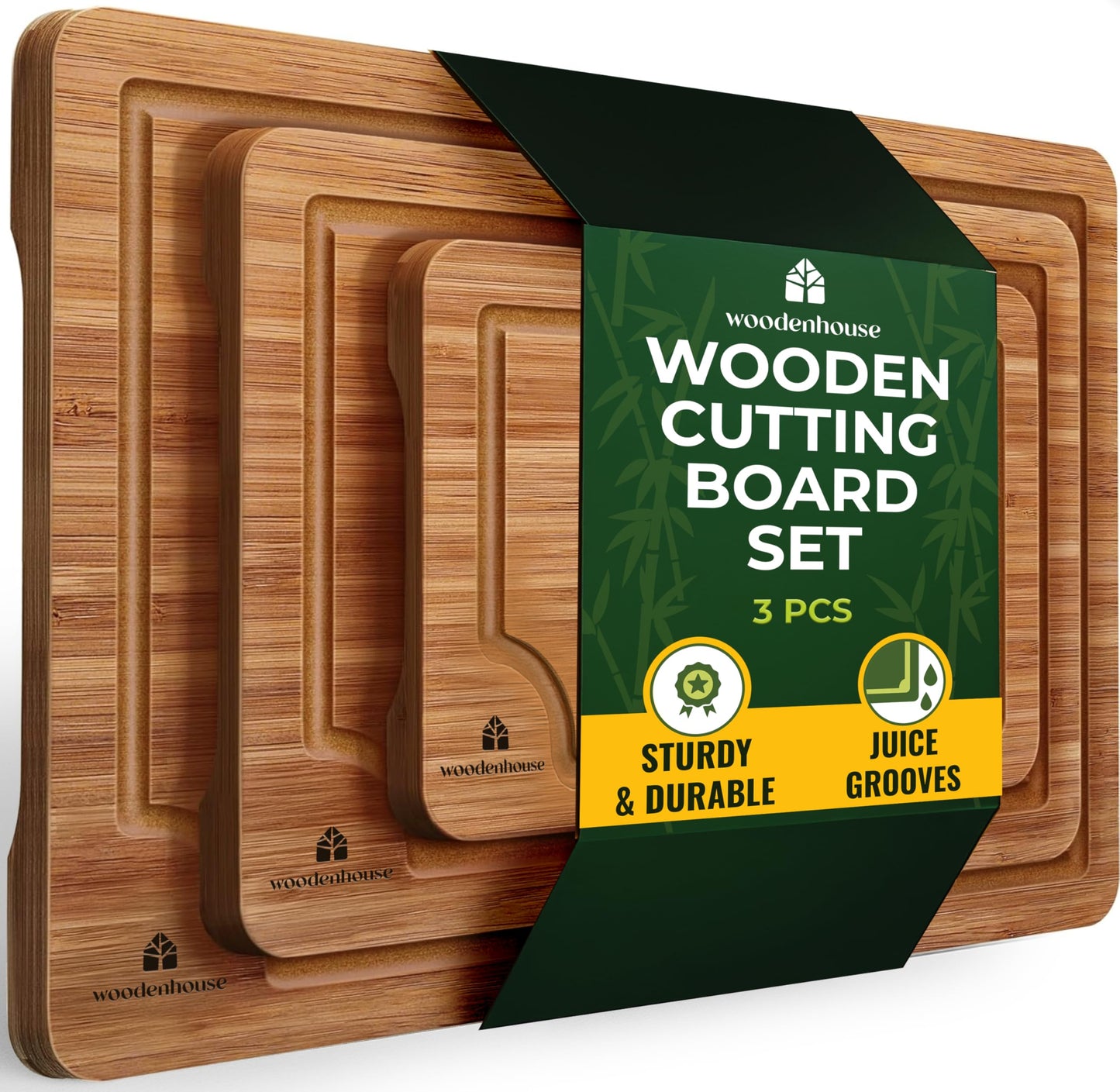 Wood Cutting Boards Set of 3 - Thick & Sturdy Bamboo Cutting Board with Deep Juice Grooves & Build-in Handles, Large Surface, Easy to Clean…