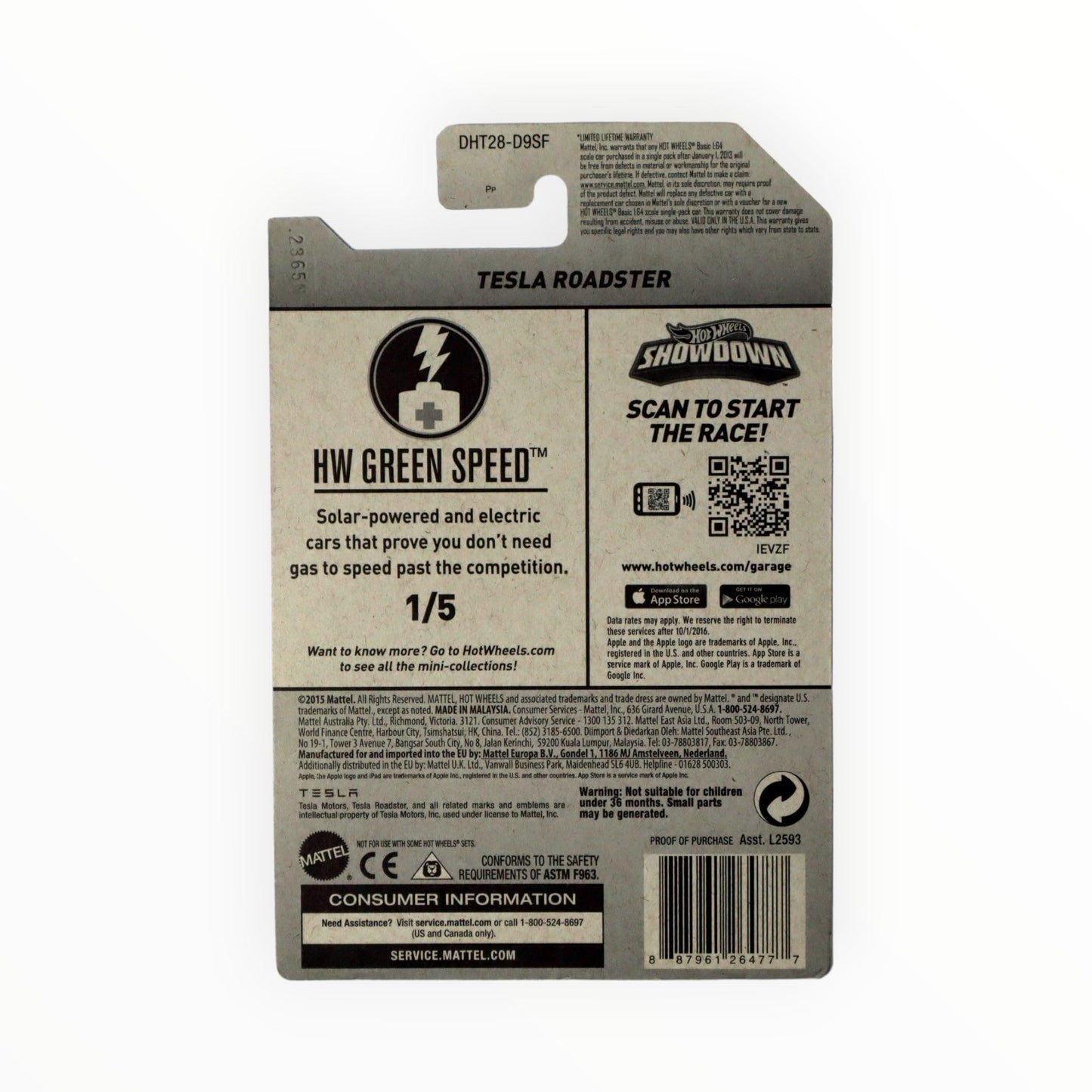 Hot Wheels 2016 H.W. Green Speed Tesla Roadster Red 241/250