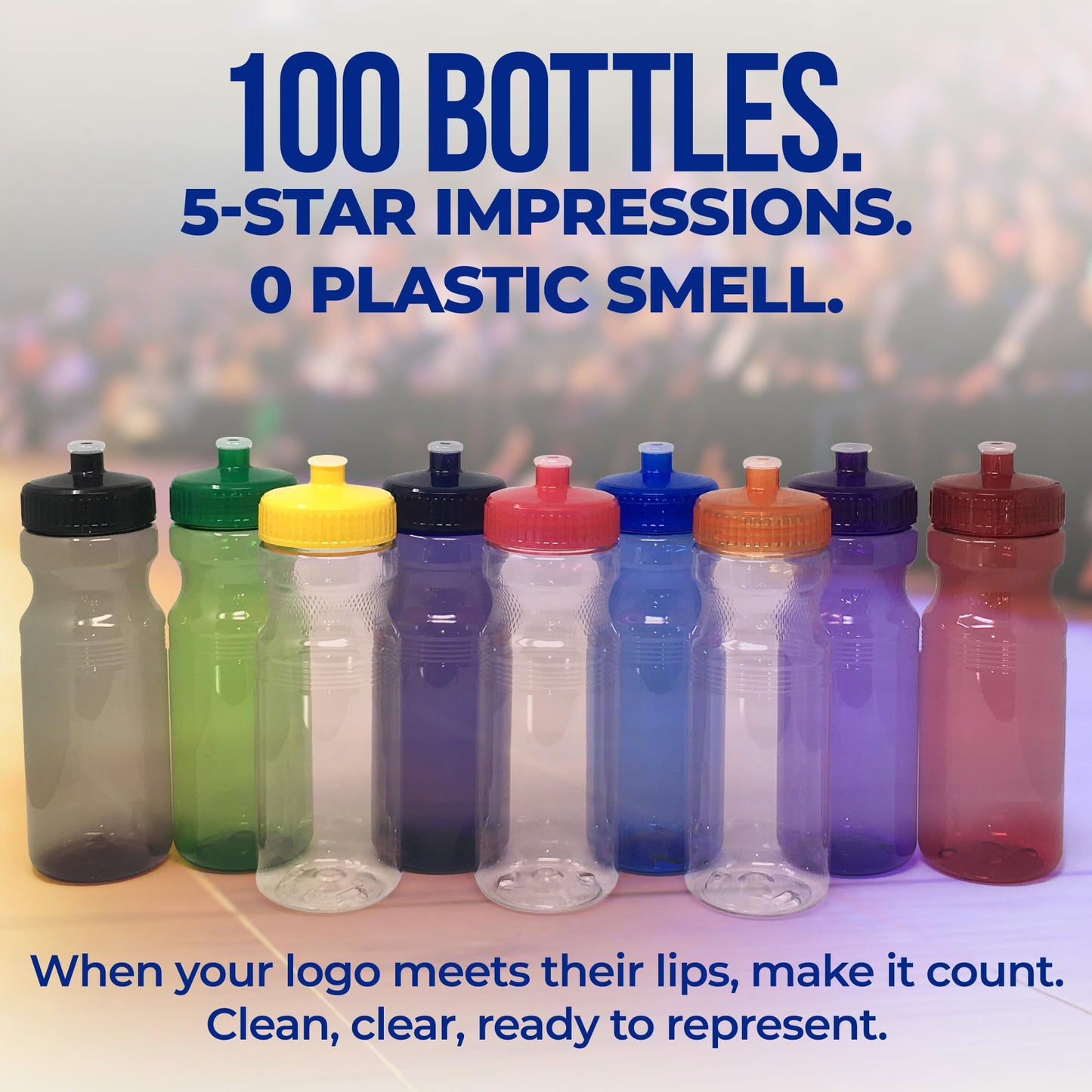 Rolling Sands USA Made 24 Ounce Sports Water Bottles - 100 Pack BPA-Free Blank Plastic Bottles for Group Use, Fitness Classes & Events - Translucent