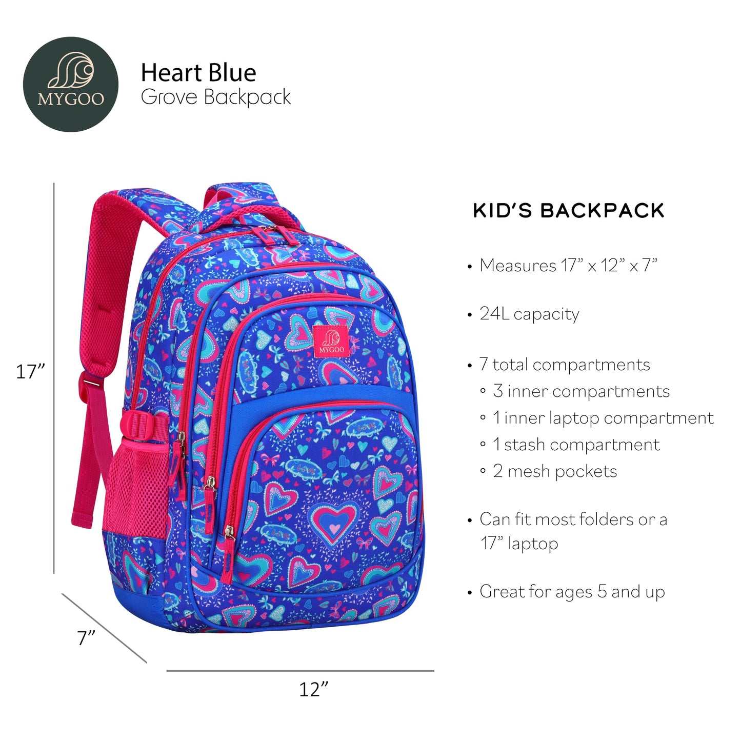 MYGOO Tropical Kids Backpack for Girls | 17" Heart Blue | Grove Collection | Designed for School-Aged Children