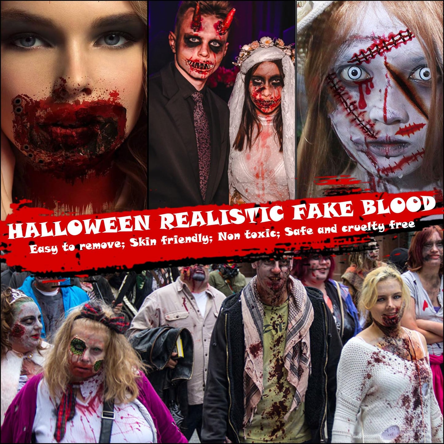 Halloween Fake Blood Makeup Kit 3PCS, Blood Spray 2.1oz, Dripping Blood 2.1oz, Coagulated Gel 1.41oz, Washable SFX Makeup Set for Vampire Zombie