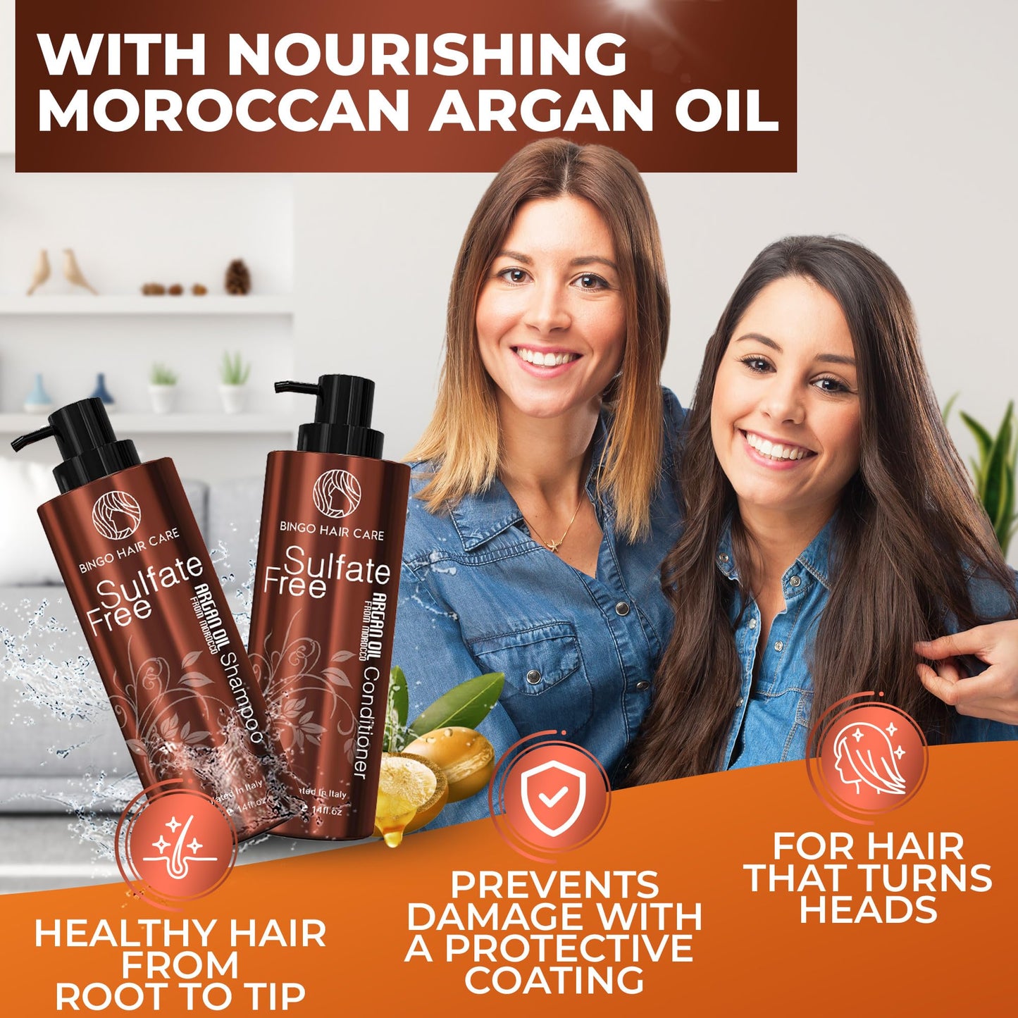 Moroccan Argan Oil Shampoo and Conditioner Set - Sulfate Free, Anti Frizz Hydrating Care for Women - Deep Moisturizing Treatment for Color, Keratin Beauty and Personal Care BINGO HAIR CARE