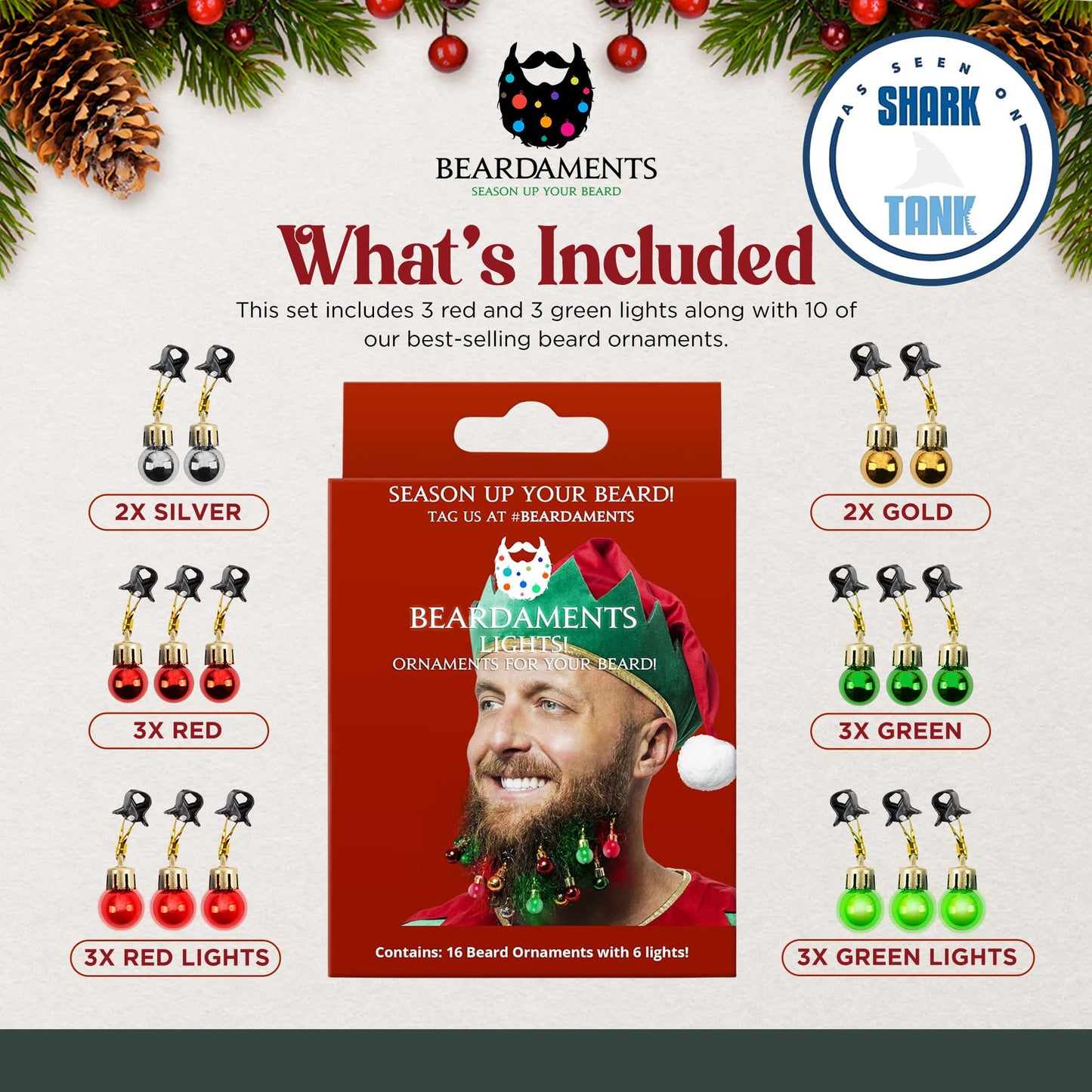 Beardaments Beard Lights - Light-Up Beard Ornaments for Men - Colorful Christmas Beard Baubles with Easy Clip Attachment - Funny Christmas Ornaments
