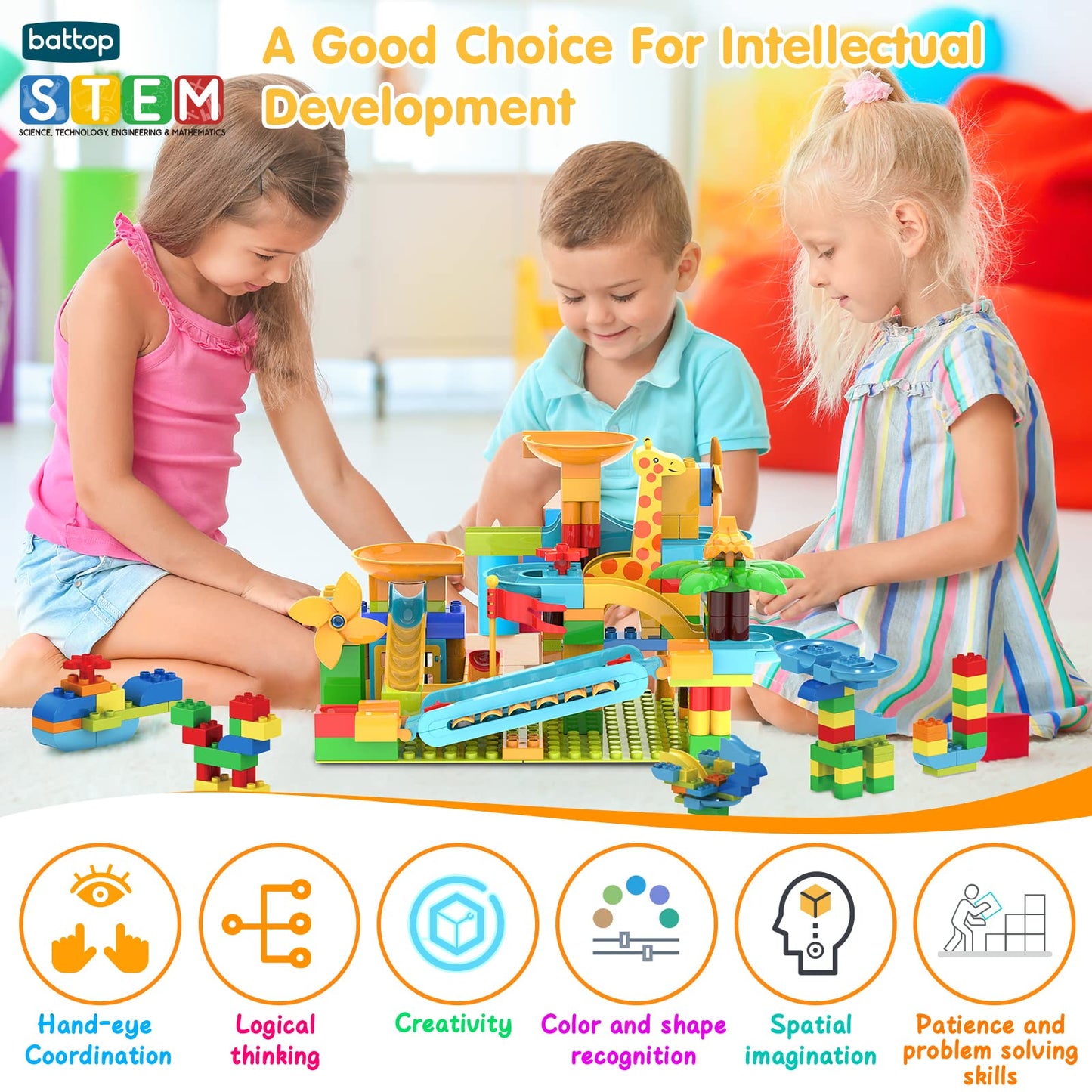 BATTOP Marble Run 167pcs Big Block Set – STEM Race Track Building Toy with 4 Balls for Kids Ages 4-8, Fun Christmas Gift for Boys & Girls