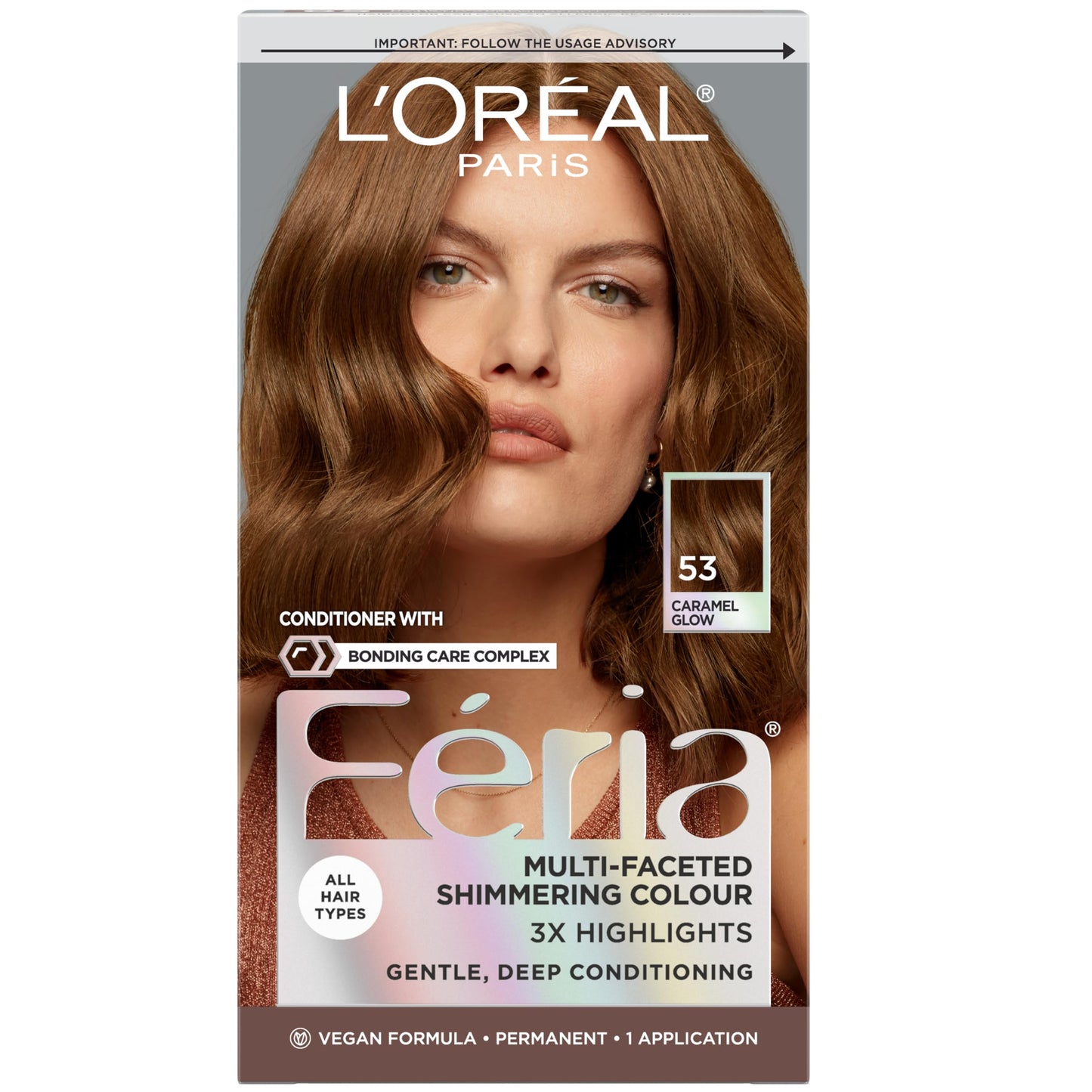 L'Oreal Paris Feria Multi-Faceted Shimmering Permanent Hair Color, High Intensity Hair Dye for 3X Highlights, 53 Caramel Glow, 1 Kit