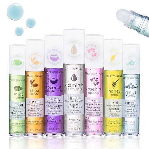 EXPRESSIONS 7pc Lip Oil Collection with Essential Oils - Hydrating Roll On Lip Oils Infused w/Natural Healing Essential Oils - Rollerball Lip Oils