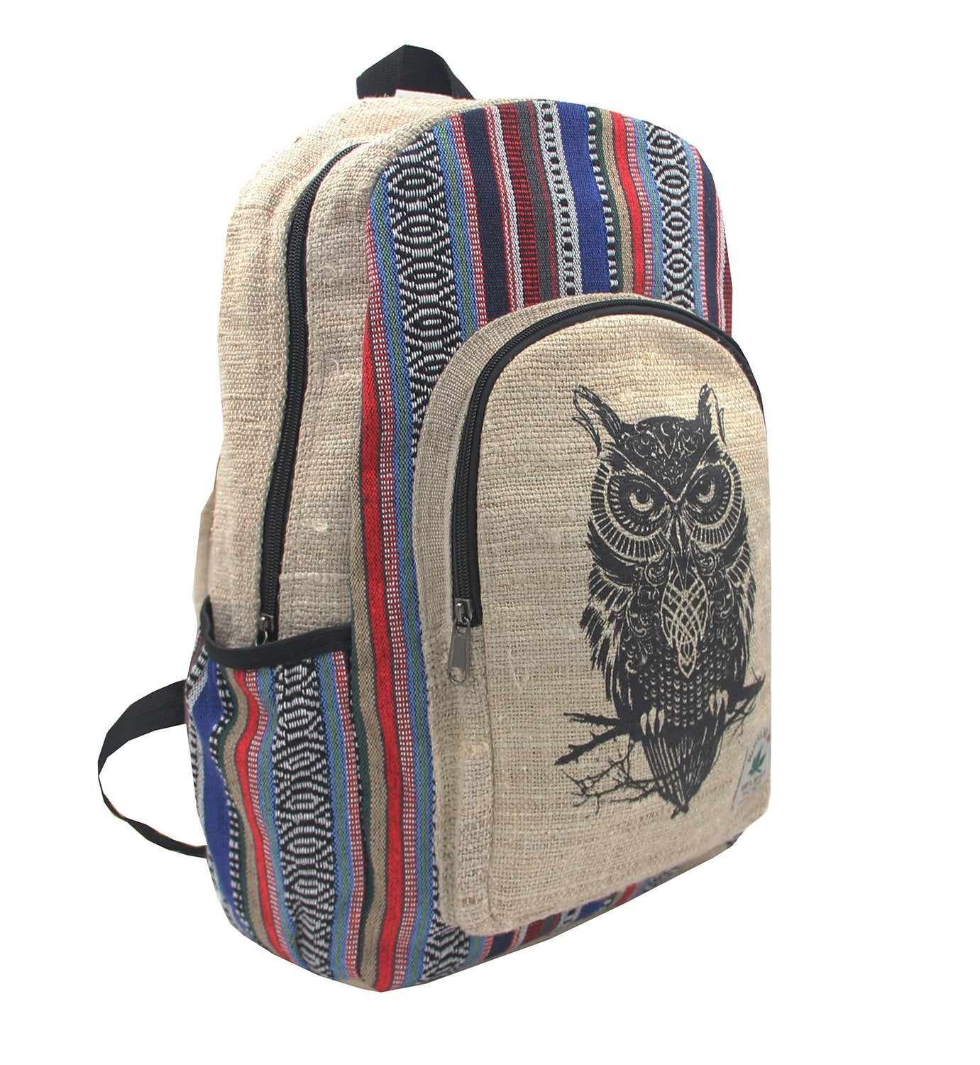 KayJayStyles Natural Handmade Large Multi Pocket Hemp Nepal Backpack (Owl)