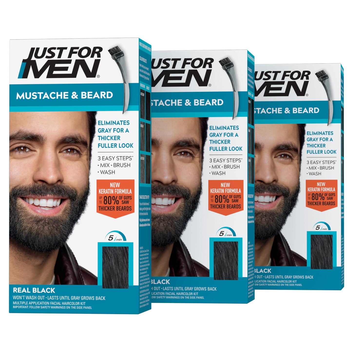 Just For Men Mustache & Beard, Beard Coloring for Gray Hair with Brush, With Keratin Biotin Aloe and Coconut Oil for Healthy Facial Hair - Real Black