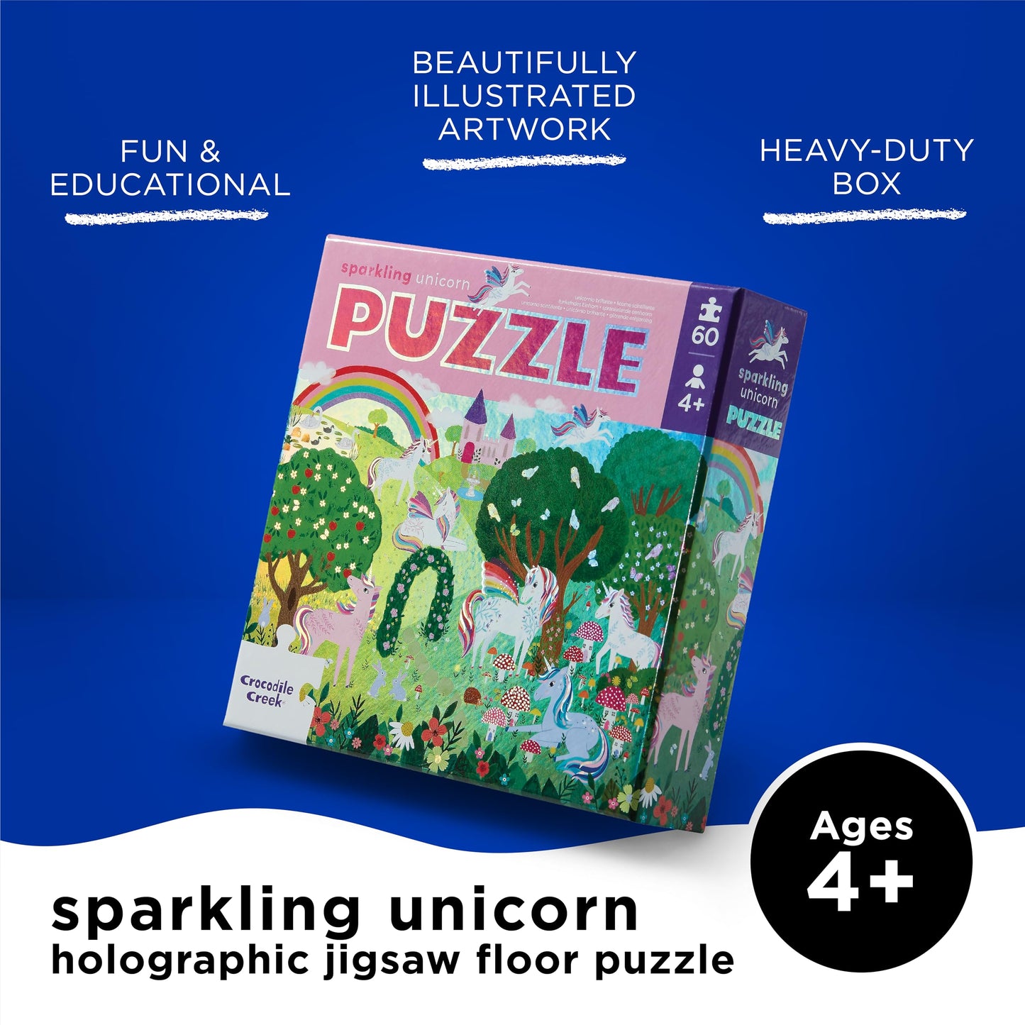 Crocodile Creek 60-Piece Holographic Foil Floor Puzzle for Kids Ages 4-8 and Up - Heavy-Duty Box for Storage - Sparkling Unicorn - 14” x 19” Finished