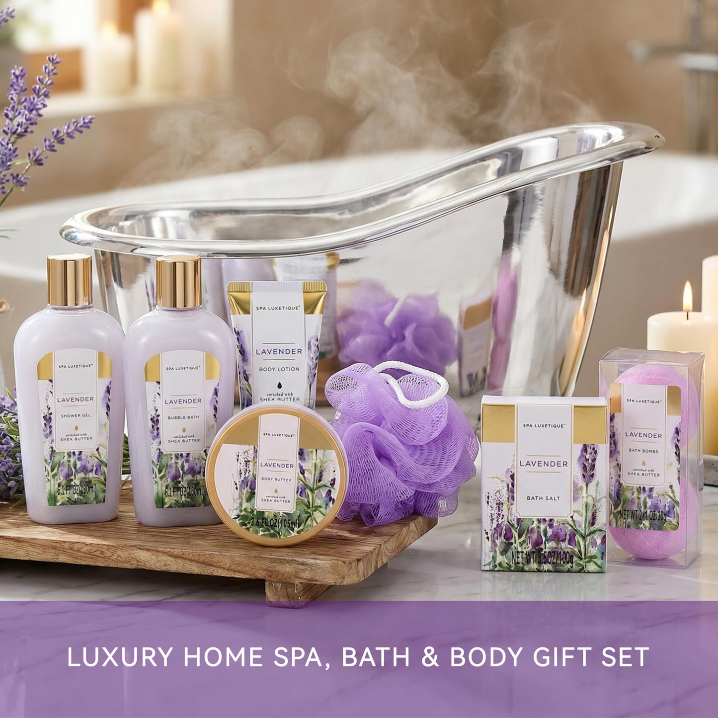 spa luxetique Spa Gift Baskets for Women, 8 Pcs Lavender Lotion Set with Bubble Bath, Shower Gel, Birthday Anniversary Self Care Kit for Her, Mothers