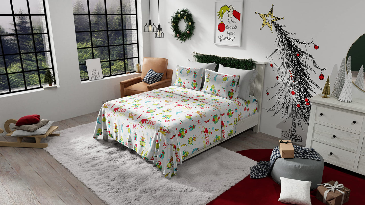 Grinch by Dr. Seuss Holiday & Christmas Bedding Super Soft 100% Cotton Flannel Sheet Set, Queen, (Officially Licensed Product) by Franco