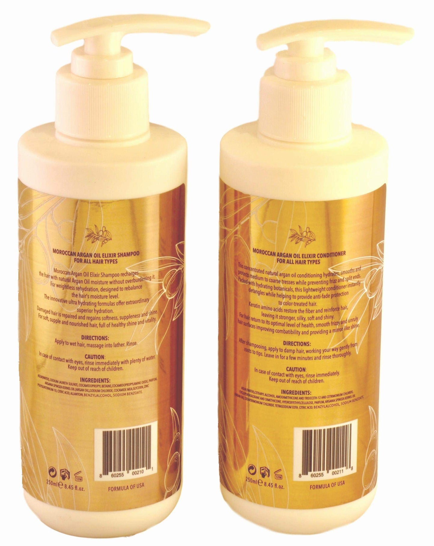 Marisa Carrera Moroccan Argan Oil Elixir Shampoo & Conditioner. Volumizing & Moisturizing, Gentle on Curly & Color Treated Hair, for Men & Women.250