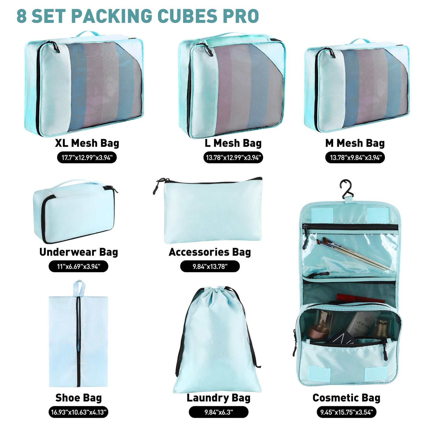 Toncoke 8-Piece Packing Cubes for Travel – Mesh Luggage Organizer Bags for Women, Men & Kids, 4 Sizes, Travel & Camping Essentials, Lake Blue